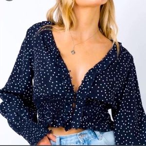 Princess Polly Lost in Limbo Navy/White Polka Dot Cropped Ruffle Top